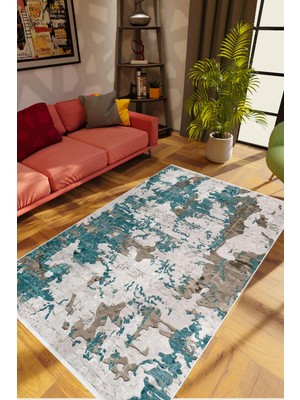 Salon Halısı Modern Eskitme Turkuaz Kahverengi Kaydırmaz Kesme Yıkanabilir Ince Halı Tüysüz Kilim