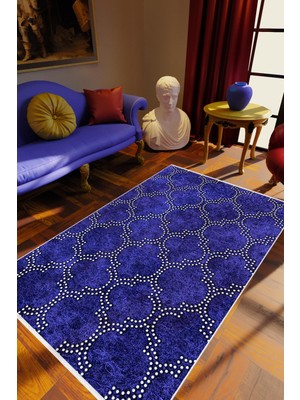 Salon Halısı Eskitme Klasik Fas Desen Lacivert Beyaz Kaydırmaz Yıkanabilir Ince Halı Tüysüz Kilim