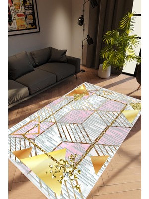 10 Post Online Salon Halısı Modern Geometrik Altın Kaydırmaz Kesme Yıkanabilir Ince Halı Tüysüz Kilim