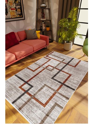 Salon Halısı Modern Geometrik Kahverengi Kaydırmaz Kesme Yıkanabilir Ince Halı Tüysüz Kilim