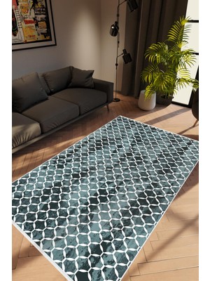 Salon Halısı Modern Geometrik Lacivert Gri Beyaz Kaydırmaz Kesme Yıkanabilir Ince Halı Tüysüz Kilim