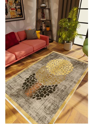 Salon Halısı Modern Geometrik Altın Kahverengi Gold Kaydırmaz Yıkanabilir Ince Halı Tüysüz Kilim