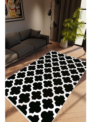 Modern Geometrik Fas Desenli Siyah Beyaz Kaydırmaz Kesme Yıkanabilir Ince Halı