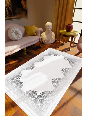 Salon Halısı Klasik Gri Beyaz Kaydırmaz Kesme Yıkanabilir Ince Halı Tüysüz Kilim