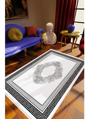 Salon Halısı Klasik Kilim Motifli Gri Beyaz Siyah Kaydırmaz Kesme Yıkanabilir Ince Halı Tüysüz Kilim