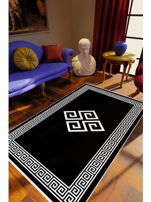 Salon Halısı Klasik Siyah Kaydırmaz Kesme Yıkanabilir Ince Halı Tüysüz Kilim