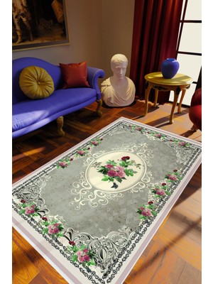 10 Post Online Salon Halısı Çiçekli Gül Kilim Motifi Yeşil Gri Kaydırmaz Yıkanabilir Ince Halı Tüysüz
