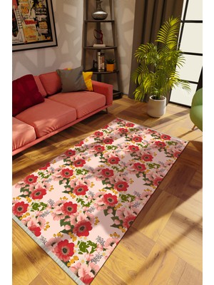 Modern Çiçekli Pembe Dijital Baskı Halı Kaydırmaz Ince Yıkanabilir