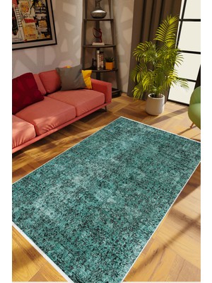 Salon Halısı Otantik Eskitme Yeşil Mavi Kaydırmaz Kesme Yıkanabilir Ince Halı Tüysüz Kilim