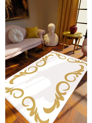 Salon Halısı Eskitme Klasik Altın Gold Turuncu Sarı Kaydırmaz Yıkanabilir Ince Halı Tüysüz Kilim