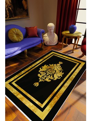 Salon Halısı Klasik Eskitme Altın Gold Siyah Kaydırmaz Kesme Yıkanabilir Ince Halı Tüysüz Kilim