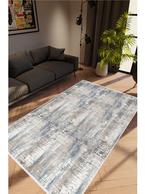 Salon Halısı Doku Eskitme Gri Beyaz Mavi Kaydırmaz Kesme Yıkanabilir Ince Halı Tüysüz Kilim