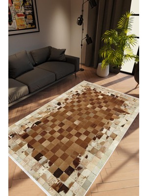 Salon Halısı Modern Patchwork Desen Kahverengi Ekru Kaydırmaz Yıkanabilir Ince Halı Tüysüz Kilim