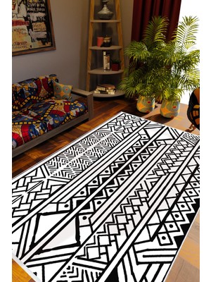 Salon Halısı Otantik Eskitme Beyaz Siyah Kaydırmaz Kesme Yıkanabilir Ince Halı Tüysüz Kilim