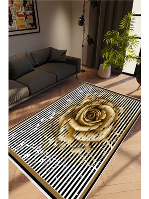 Salon Halısı Çiçekli Gül Desen Kahverengi Beyaz Siyah Metalik Kaydırmaz Yıkanabilir Ince Halı Kilim