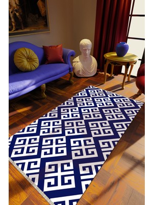 Klasik Mavi Dijital Baskı Halı Kaydırmaz Ince Yıkanabilir