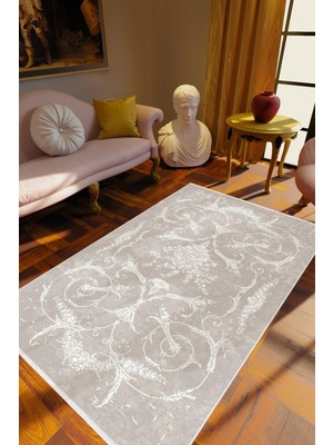 Salon Halısı Klasik Gri Kaydırmaz Kesme Yıkanabilir Ince Halı Tüysüz Kilim