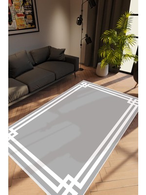 10 Post Online Salon Halısı Modern Çizgili Gri Beyaz Kaydırmaz Kesme Yıkanabilir Ince Halı Tüysüz Kilim