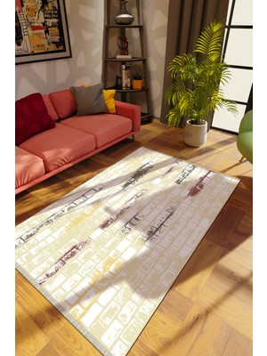 Modern Krem Dijital Baskı Halı Kaydırmaz Ince Yıkanabilir