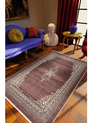 Salon Halısı Klasik Kahverengi Kaydırmaz Kesme Yıkanabilir Ince Halı Tüysüz Kilim