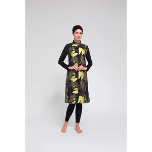 Kadın Likralı Fermuarlı Yaprak Dijital Desenli Uzun Kollu Tam Kapalı Tesettür Mayo Siyah T2360