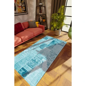 Modern Patchwork Turkuaz Dijital Baskı Halı Kaydırmaz Ince Yıkanabilir