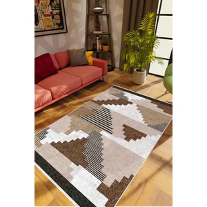 Salon Halısı Eskitme Patchwork Kahverengi Krem Kaydırmaz Kesme Yıkanabilir Ince Halı Tüysüz Kilim