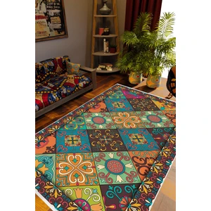 Salon Halısı Otantik Eskitme Patchwork Mavi Kaydırmaz Kesme Yıkanabilir Ince Halı Tüysüz Kilim