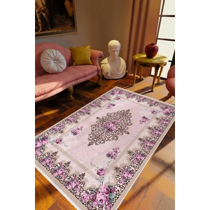 Salon Halısı Figürlü Çiçekli Mor Kaydırmaz Kesme Yıkanabilir Ince Halı Tüysüz Kilim