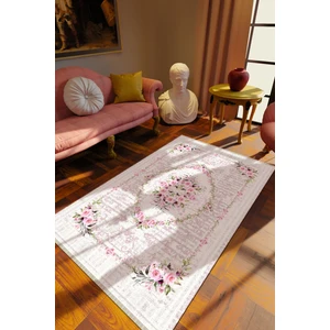 10 Post Online Klasik Çiçekli Beyaz Dijital Baskı Halı Kaydırmaz Ince Yıkanabilir