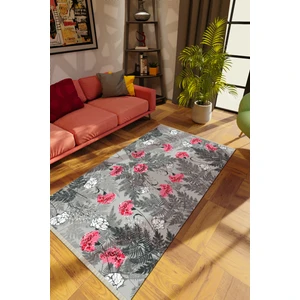 Modern Çiçekli Gri Dijital Baskı Halı Kaydırmaz Ince Yıkanabilir