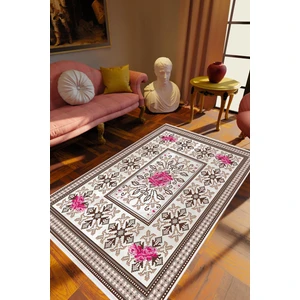 Salon Halısı Çiçekli Pembe Ekru Kahverengi Kaydırmaz Yıkanabilir Ince Halı Tüysüz Kilim