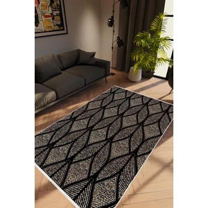 Salon Halısı Modern Geometrik Siyah Krem Kaydırmaz Kesme Yıkanabilir Ince Halı Tüysüz Kilim