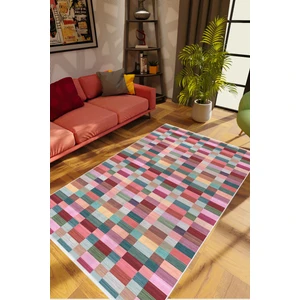 Salon Halısı Modern Patchwork Pembe Kaydırmaz Kesme Yıkanabilir Ince Halı Tüysüz Kilim