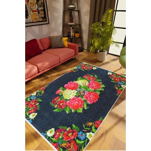 Salon Halısı Figürlü Çiçekli Siyah Kaydırmaz Kesme Yıkanabilir Ince Halı Tüysüz Kilim