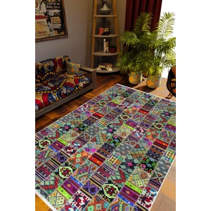 Salon Halısı Kilim Otantik Eskitme Patchwork Yeşil Kaydırmaz Yıkanabilir Ince Halı Tüysüz Kilim