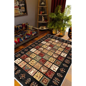 Salon Halısı Kilim Desenli Otantik Eskitme Siyah Kaydırmaz Kesme Yıkanabilir Ince Halı Tüysüz Kilim