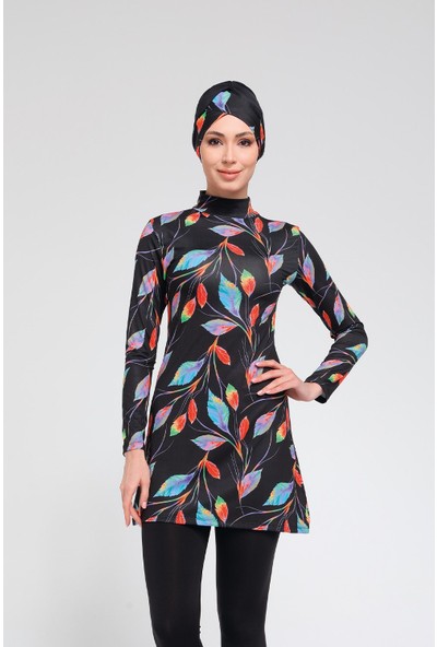 Chelly Kadın Likralı Renkli Yaprak Dijital Desenli Uzun Kollu Tam Kapalı Tesettür Mayo Siyah T2256