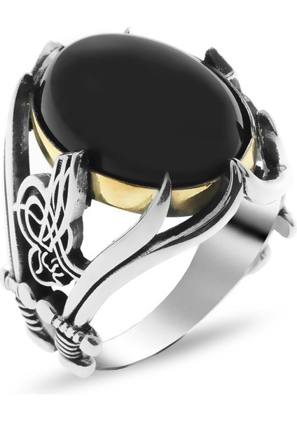 Tuğra ve Kılıç İşlemeli Siyah Oniks Taşlı 925 Ayar Gümüş Erkek Yüzük