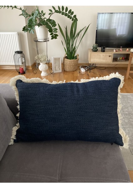 Denim Püskül Detaylı Dikdörtgen Kırlent Kılıfı 30X50 cm - 1 Adet Kılıf