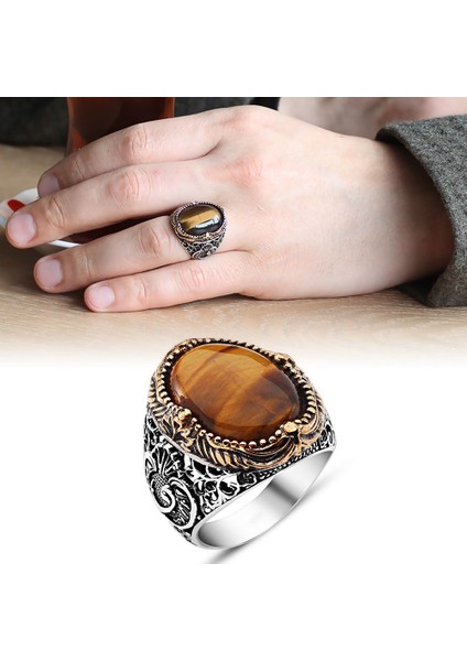 Vav Işlemeli Kaplangözü Taşlı 925 Ayar Gümüş Erkek Yüzük