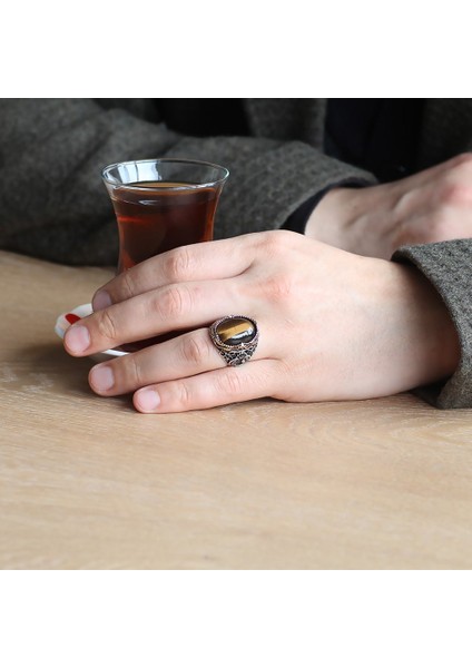 Vav Işlemeli Kaplangözü Taşlı 925 Ayar Gümüş Erkek Yüzük modelleri