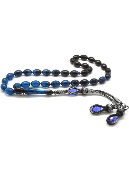 1000 Ayar Gümüş Kazaz Püsküllü Arpa Kesim Süzme Mavi-Siyah Sıkma Kehribar Tesbih