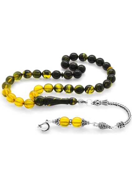 925 Ayar Gümüş Püsküllü Küre Kesim Süzme Sarı-Siyah Ateş Kehribar Tesbih
