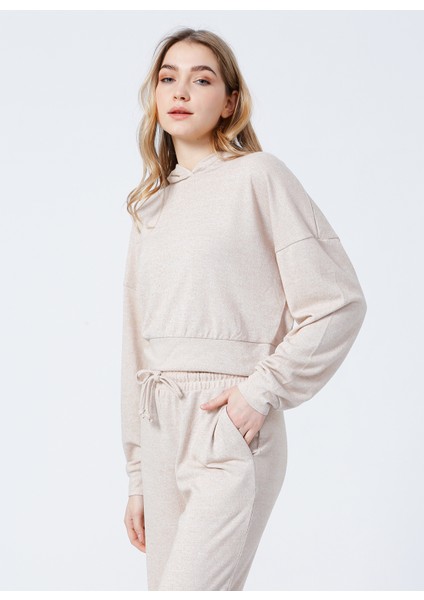B01-Ust Kapüşonlu Lastikli Basic Düz Bej Kadın Sweatshirt