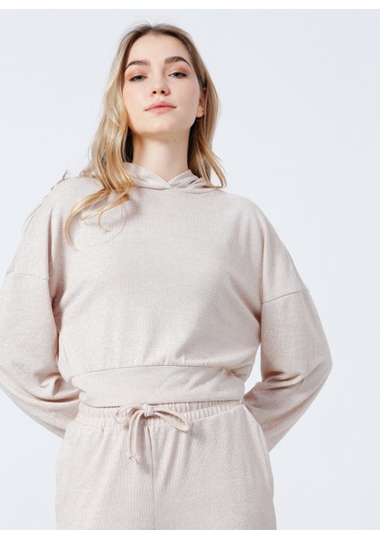 B01-Ust Kapüşonlu Lastikli Basic Düz Bej Kadın Sweatshirt modelleri