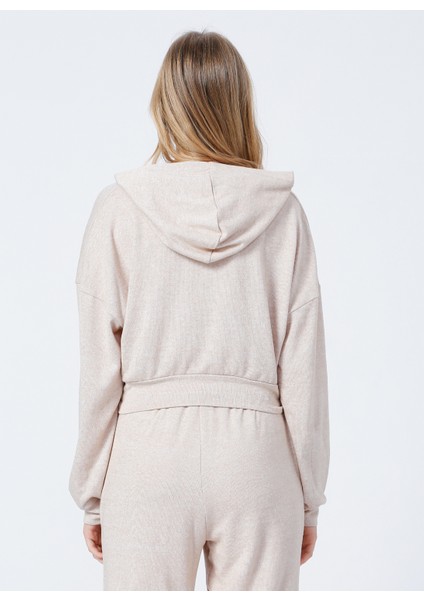 B01-Ust Kapüşonlu Lastikli Basic Düz Bej Kadın Sweatshirt fırsatları