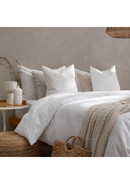 Pamuk Keten Yıkanmış Beyaz Çift Kişilik Nevresim Yastık Seti