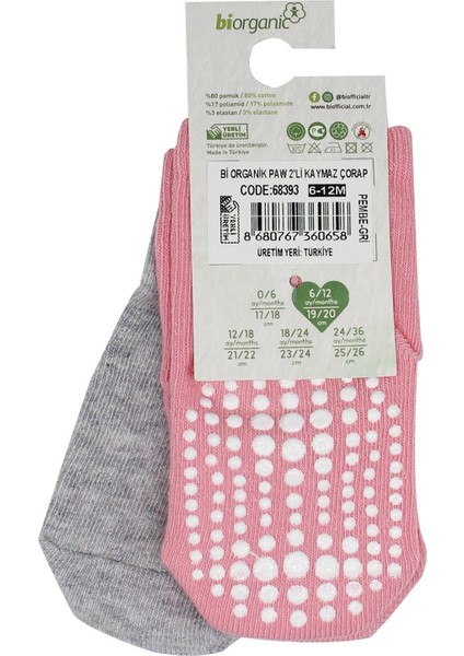 Biorganic Paw 2'li Kaymaz Çorap 68393 Pembe Gri