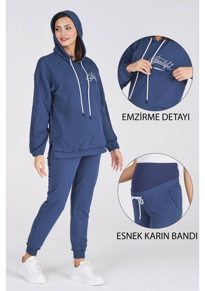 Hamile Emzirme Detaylı Baskılı Eşofman Takımı Indigo